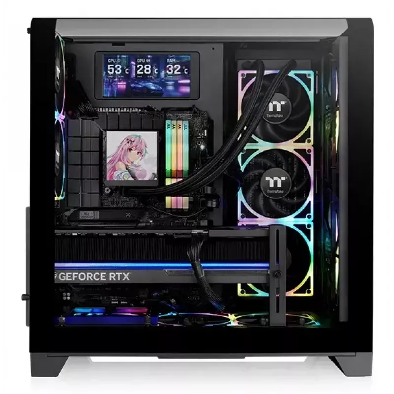 PC korpuss Thermaltake View 390 Air Midi Tower — melns, atbalsta PS2 barošanas bloku, 3,5 collu HDD, 2,5 collu SSD, līdz 200 mm priekšējiem ventilatoriem