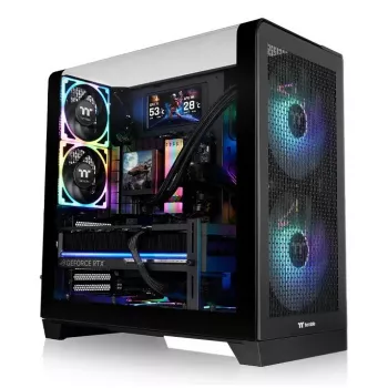 PC korpuss Thermaltake View 390 Air Midi Tower — melns, atbalsta PS2 barošanas bloku, 3,5 collu HDD, 2,5 collu SSD, līdz 200 mm priekšējiem ventilatoriem