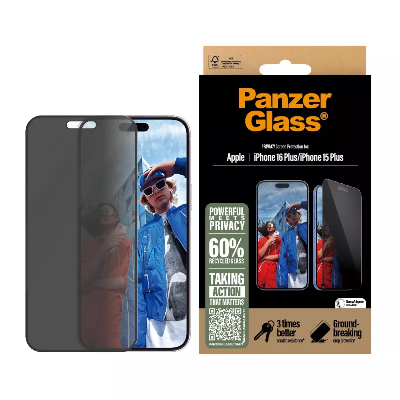 PanzerGlass ® Privātuma ekrāna aizsargs iPhone 16 Plus | 15 Plus | Īpaši plats ar EasyAligner