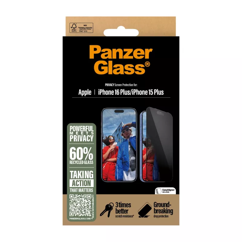 PanzerGlass ® Privātuma ekrāna aizsargs iPhone 16 Plus | 15 Plus | Īpaši plats ar EasyAligner