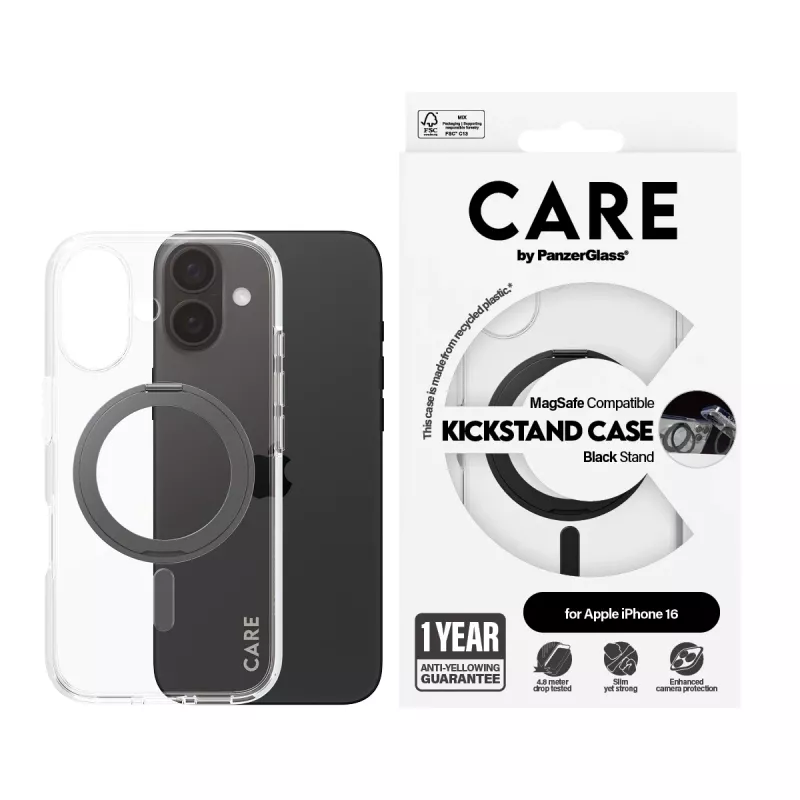 PanzerGlass CARE™ by ® vāciņš Transparent ar melnu statīvu un MagSafe iPhone 16