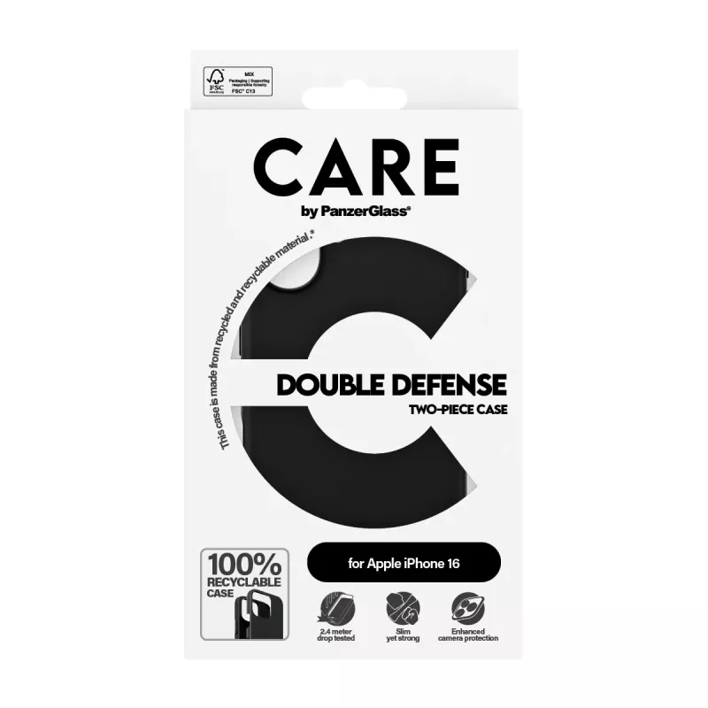 PanzerGlass CARE™ by ® Double Defense Case Black iPhone 16, Vāciņš, Apple, Apple - iPhone 16, Melns