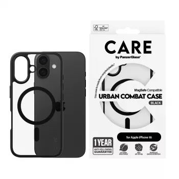 PanzerGlass CARE™ by ® Urban Combat Case caurspīdīgs ar melnu rāmi un MagSafe iPhone 16