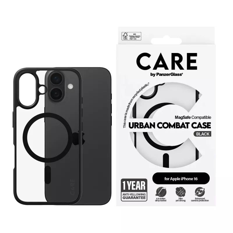 PanzerGlass CARE™ by ® Urban Combat Case caurspīdīgs ar melnu rāmi un MagSafe iPhone 16