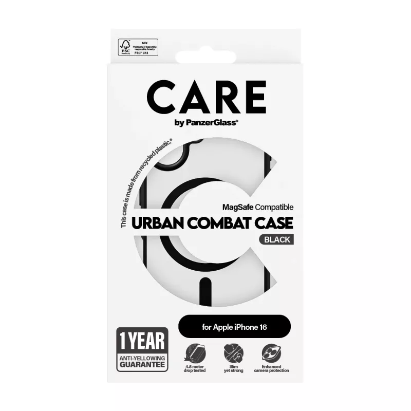 PanzerGlass CARE™ by ® Urban Combat Case caurspīdīgs ar melnu rāmi un MagSafe iPhone 16