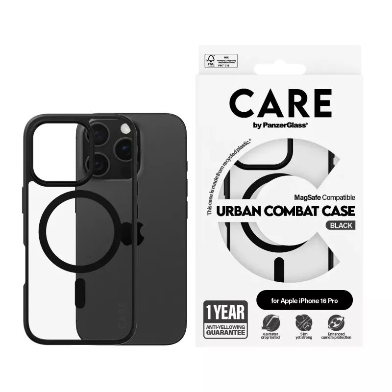 PanzerGlass CARE™ by ® Urban Combat Case Caurspīdīgs ar Melnu Rāmi un MagSafe iPhone 16 Pro