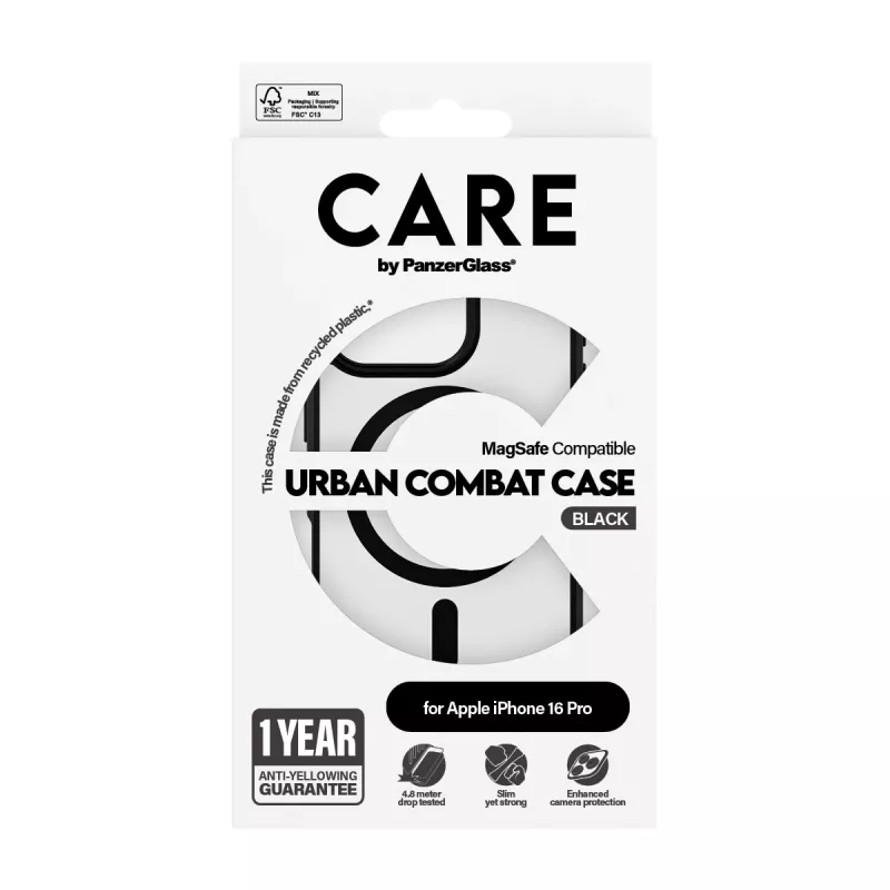 PanzerGlass CARE™ by ® Urban Combat Case Caurspīdīgs ar Melnu Rāmi un MagSafe iPhone 16 Pro