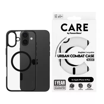 PanzerGlass CARE™ by ® Urban Combat Case Caurspīdīgs ar Melnu Rāmi un MagSafe iPhone 16 Plus