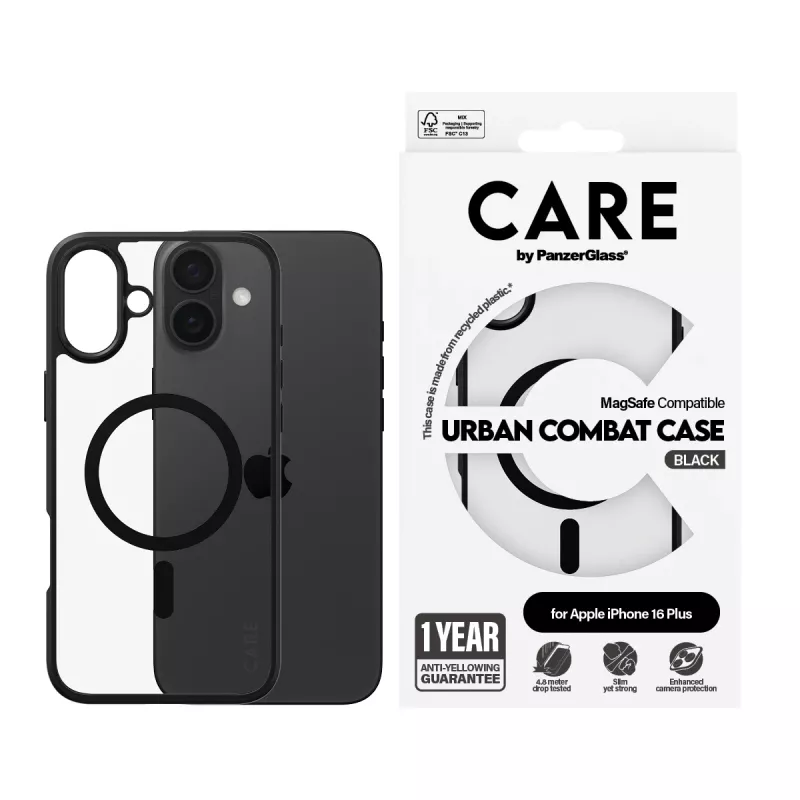 PanzerGlass CARE™ by ® Urban Combat Case Caurspīdīgs ar Melnu Rāmi un MagSafe iPhone 16 Plus