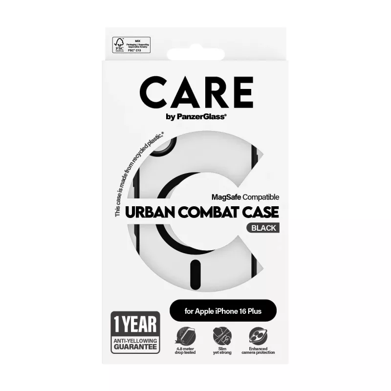 PanzerGlass CARE™ by ® Urban Combat Case Caurspīdīgs ar Melnu Rāmi un MagSafe iPhone 16 Plus