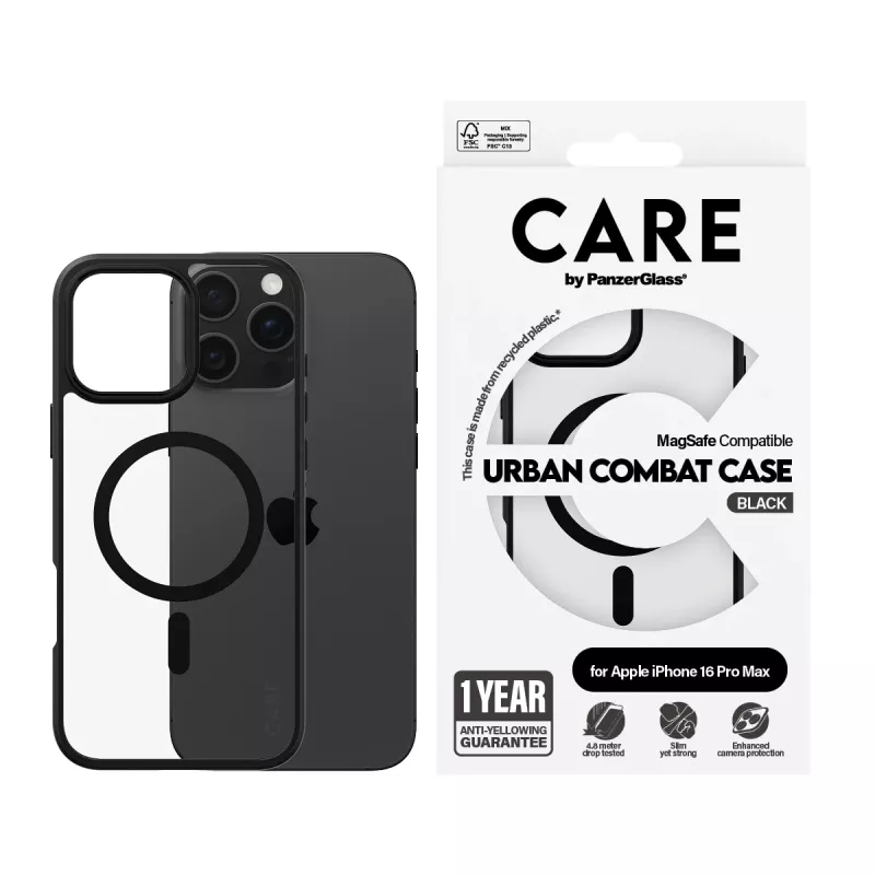 PanzerGlass CARE™ by ® Urban Combat Case Caurspīdīgs ar Melnu Rāmi un MagSafe iPhone 16 Pro Max
