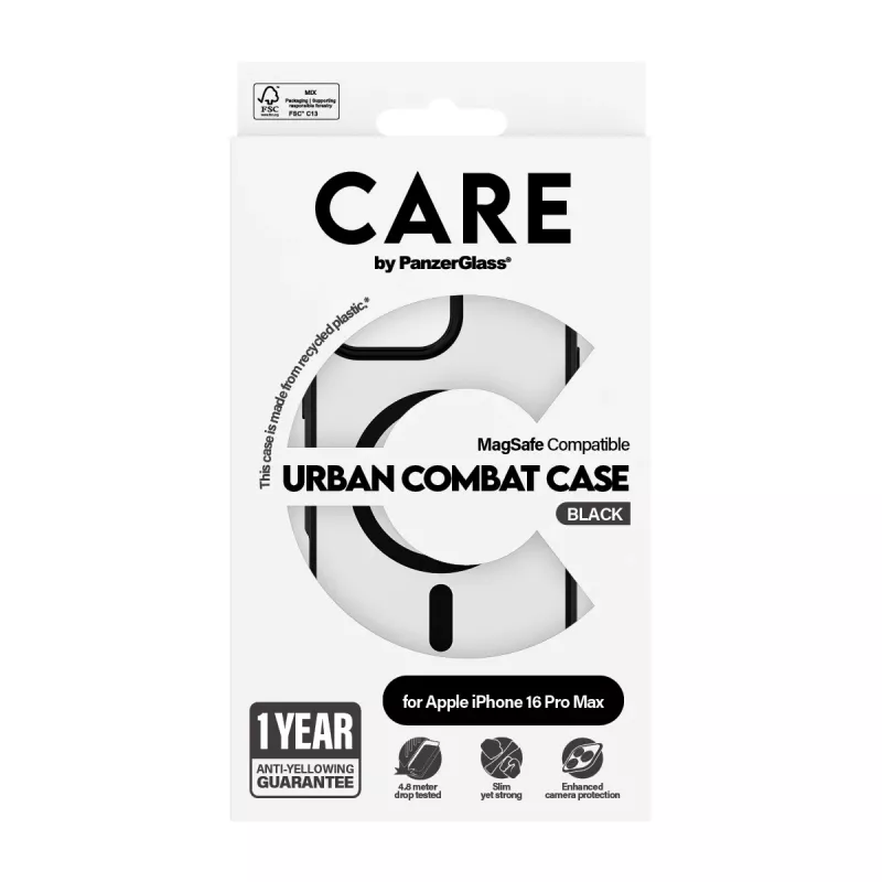 PanzerGlass CARE™ by ® Urban Combat Case Caurspīdīgs ar Melnu Rāmi un MagSafe iPhone 16 Pro Max