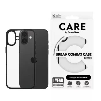 PanzerGlass CARE™ by ® Urban Combat Case caurspīdīgs ar melnu rāmi iPhone 16 Plus