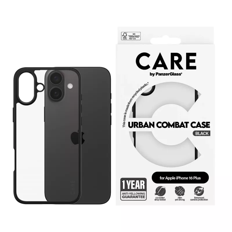 PanzerGlass CARE™ by ® Urban Combat Case caurspīdīgs ar melnu rāmi iPhone 16 Plus