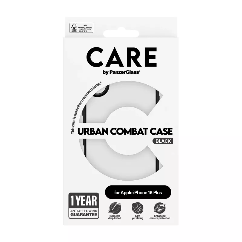 PanzerGlass CARE™ by ® Urban Combat Case caurspīdīgs ar melnu rāmi iPhone 16 Plus