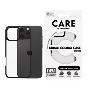 PanzerGlass CARE™ by ® Urban Combat Case Caurspīdīgs ar Melnu Rāmi iPhone 16 Pro Max