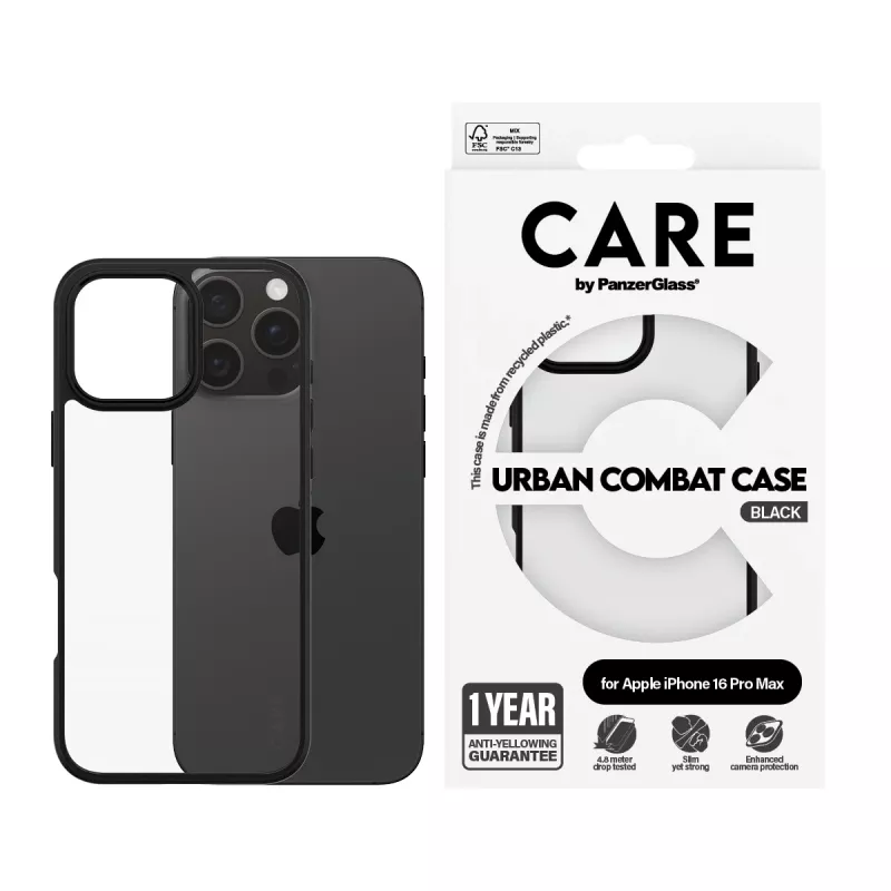 PanzerGlass CARE™ by ® Urban Combat Case Caurspīdīgs ar Melnu Rāmi iPhone 16 Pro Max