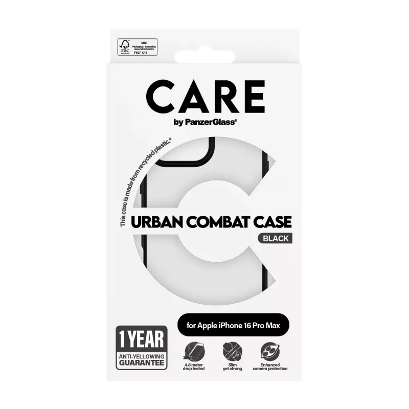 PanzerGlass CARE™ by ® Urban Combat Case Caurspīdīgs ar Melnu Rāmi iPhone 16 Pro Max