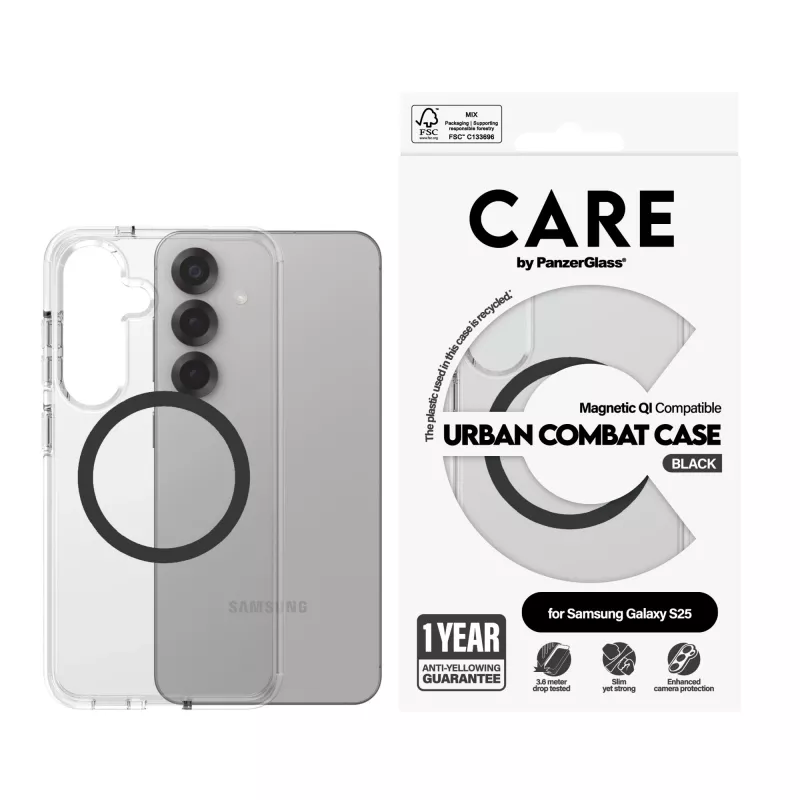 PanzerGlass CARE™ by ® Urban Combat vāciņš caurspīdīgs ar melnu Qi saderīgs Samsung Galaxy S25