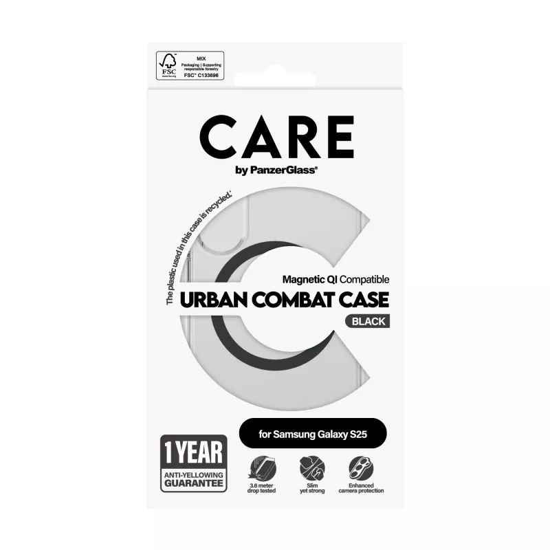 PanzerGlass CARE™ by ® Urban Combat vāciņš caurspīdīgs ar melnu Qi saderīgs Samsung Galaxy S25