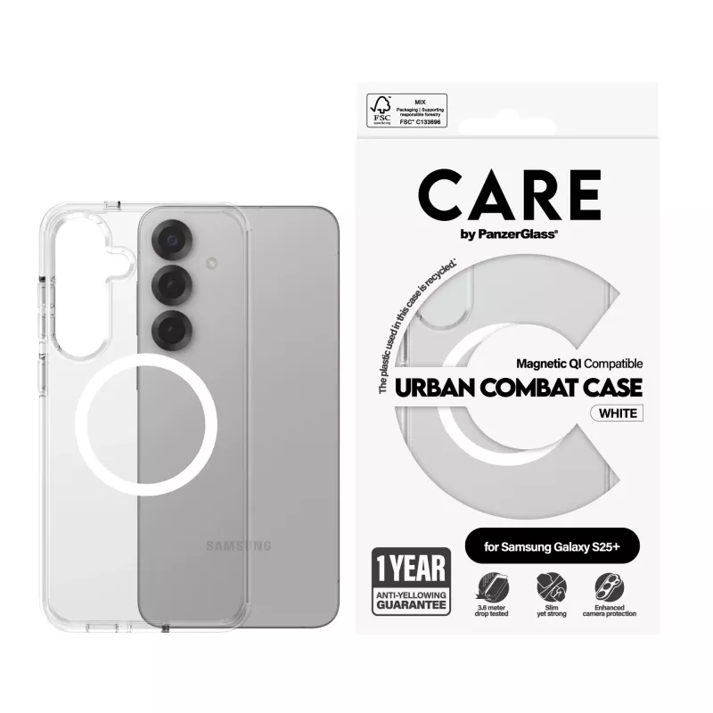 PanzerGlass CARE™ by ® Urban Combat maciņš, caurspīdīgs, ar baltu, Qi saderīgs ar Samsung Galaxy S25+