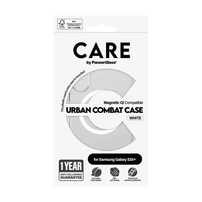 PanzerGlass CARE™ by ® Urban Combat maciņš, caurspīdīgs, ar baltu, Qi saderīgs ar Samsung Galaxy S25+