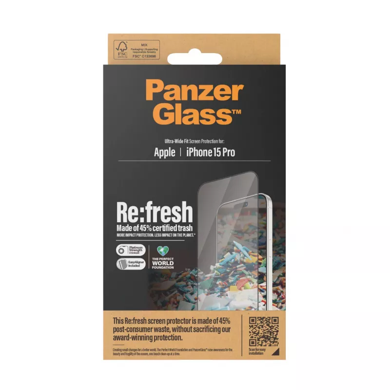 PanzerGlass ® Re:fresh ekrāna aizsargstikls iPhone 15 Pro | Īpaši plata piemērotība ar EasyAligner