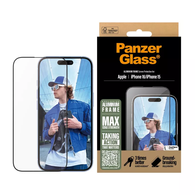PanzerGlass ® Ekrāna aizsargs ar alumīnija rāmi iPhone 16 | 15 | Ultra-Wide Fit
