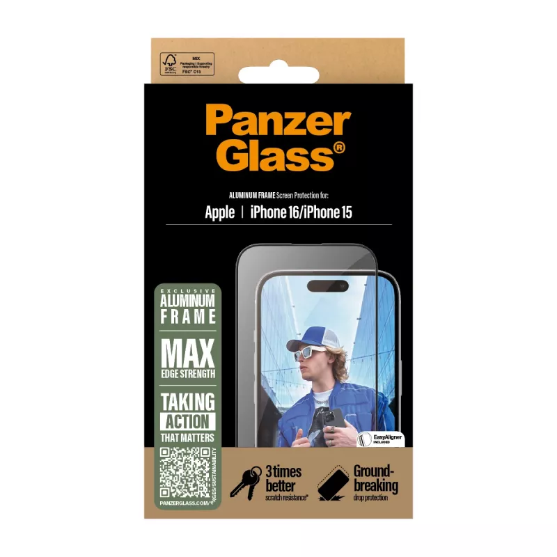 PanzerGlass ® Ekrāna aizsargs ar alumīnija rāmi iPhone 16 | 15 | Ultra-Wide Fit