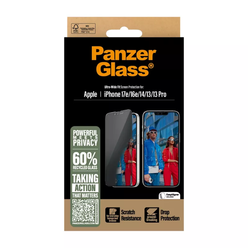 PanzerGlass ® privātuma ekrāna aizsargs iPhone 17e | 16e | 14 | 13 | 13 Pro | Īpaši plats pārklājums ar EasyAligner
