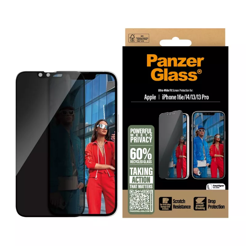 PanzerGlass ® privātuma ekrāna aizsargs iPhone 17e | 16e | 14 | 13 | 13 Pro | Īpaši plats pārklājums ar EasyAligner