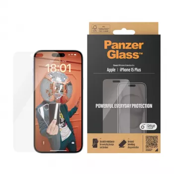 PanzerGlass ® ekrāna aizsargs iPhone 15 Plus | Classic Fit, Apple, Apple - iPhone 15 Plus, sausa uzklāšana, izturīgs pret skrāpējumiem, triecienizturīgs, caurspīdīgs, 1 gab.
