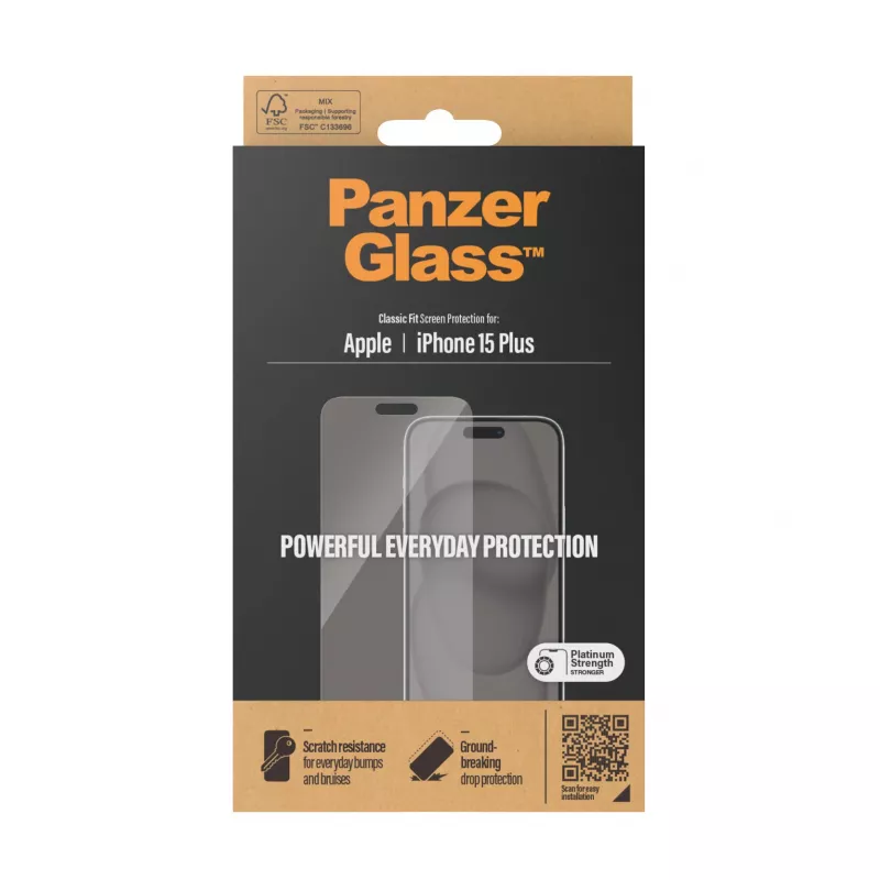 PanzerGlass ® ekrāna aizsargs iPhone 15 Plus | Classic Fit, Apple, Apple - iPhone 15 Plus, sausa uzklāšana, izturīgs pret skrāpējumiem, triecienizturīgs, caurspīdīgs, 1 gab.