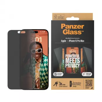 PanzerGlass ® privātuma ekrāna aizsargs iPhone 15 Pro Max | īpaši plats ar EasyAligner