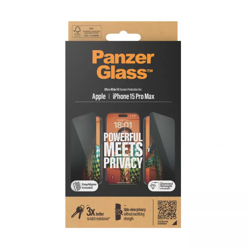 PanzerGlass ® privātuma ekrāna aizsargs iPhone 15 Pro Max | īpaši plats ar EasyAligner