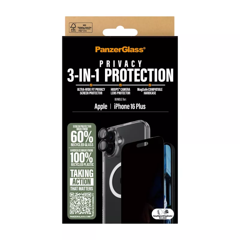 PanzerGlass ® 3-in-1 privātuma aizsardzības komplekts iPhone 16 Plus