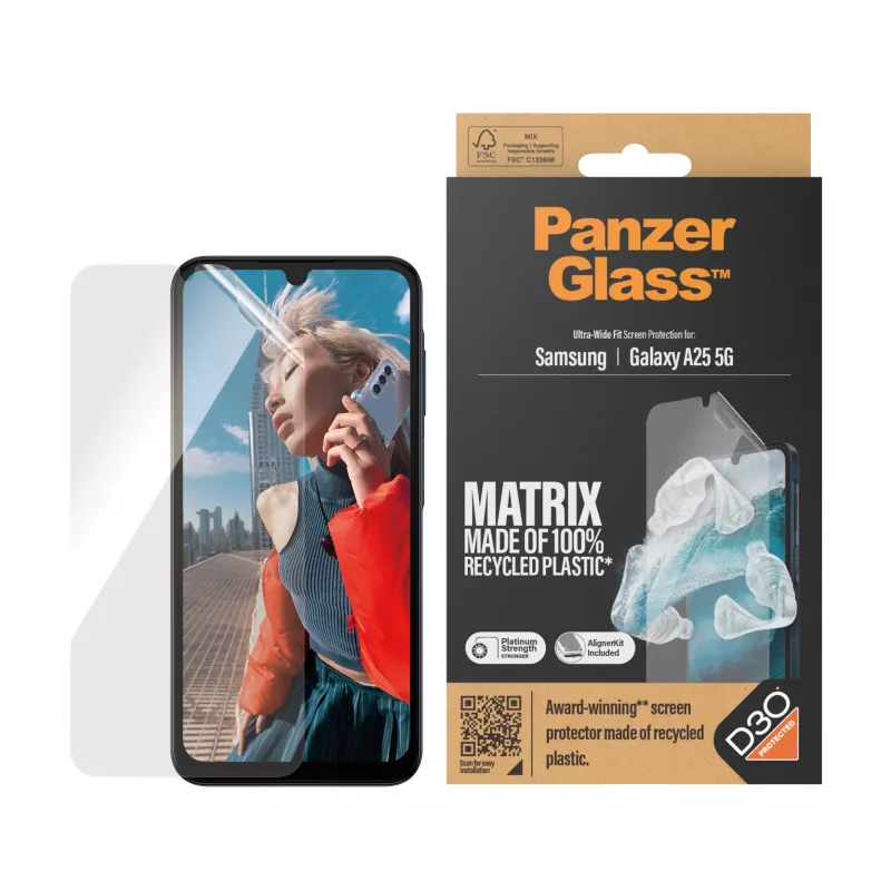 PanzerGlass ® ECO MATRIX ekrāna aizsargs ar D3O® Samsung Galaxy A25 5G | Īpaši plats pielāgojums ar izlīdzināšanas komplektu