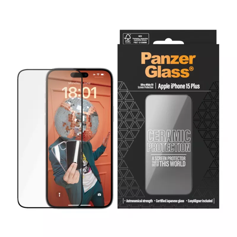 PanzerGlass ® Ceramic Protection for iPhone 15 Plus | Ultra-Wide Fit ar EasyAligner