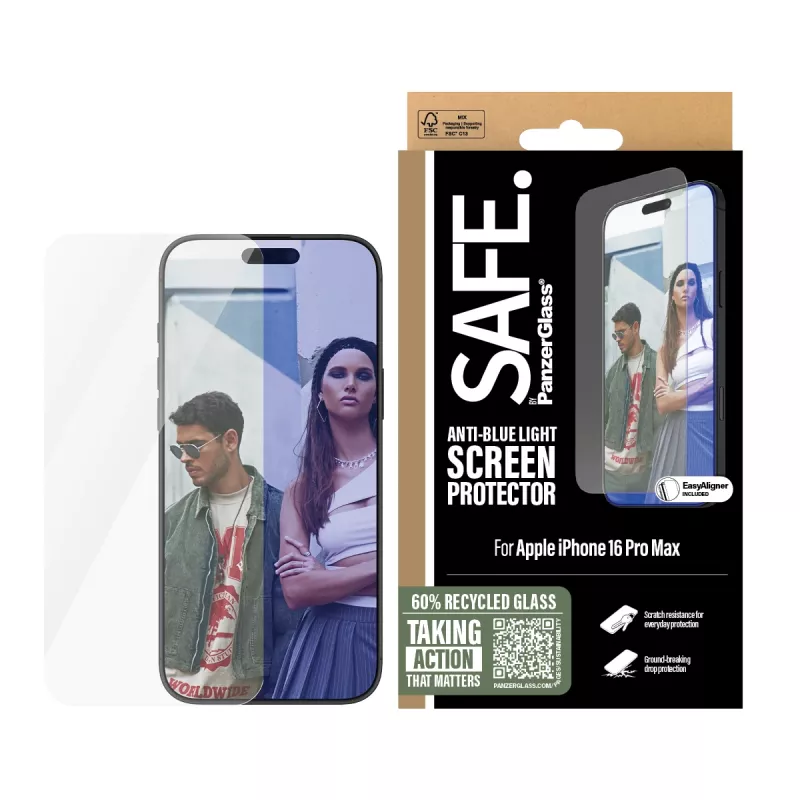 PanzerGlass SAFE. by ® Anti-Blue Light Screen Protector iPhone 16 Pro Max | Ultra-Wide Fit