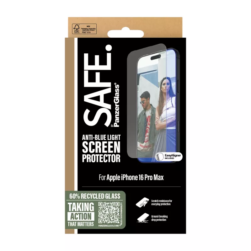 PanzerGlass SAFE. by ® Anti-Blue Light Screen Protector iPhone 16 Pro Max | Ultra-Wide Fit
