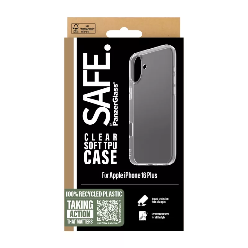 PanzerGlass SAFE. by ® TPU vāciņš Transparent iPhone 16 Plus, Vāciņš, Apple, Apple - iPhone 16 Plus, Caurspīdīgs