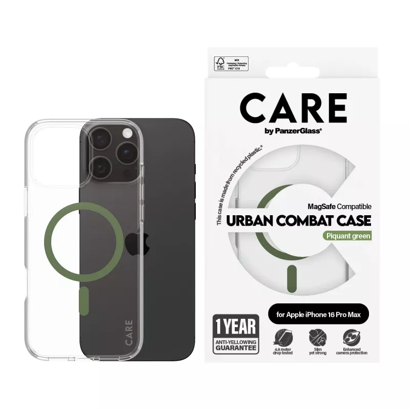 PanzerGlass CARE™ by ® Urban Combat Case Caurspīdīgs ar Zaļu MagSafe iPhone 16 Pro Max