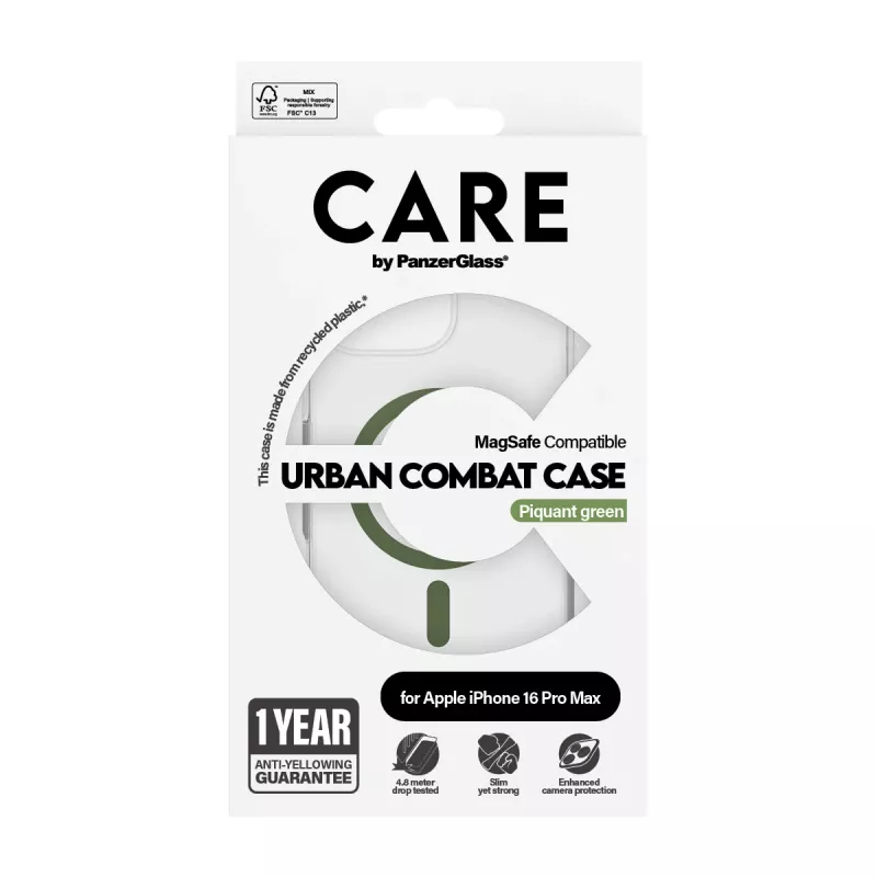 PanzerGlass CARE™ by ® Urban Combat Case Caurspīdīgs ar Zaļu MagSafe iPhone 16 Pro Max