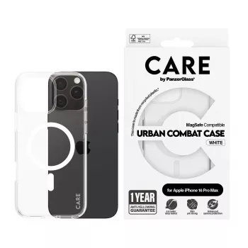 PanzerGlass CARE™ by ® Urban Combat Case caurspīdīgs ar baltu MagSafe iPhone 16 Pro Max