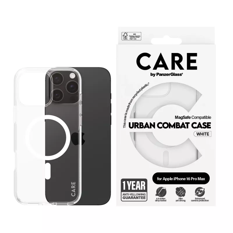 PanzerGlass CARE™ by ® Urban Combat Case caurspīdīgs ar baltu MagSafe iPhone 16 Pro Max