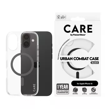 PanzerGlass CARE™ by ® Urban Combat vāciņš caurspīdīgs ar melnu MagSafe, paredzēts iPhone 16