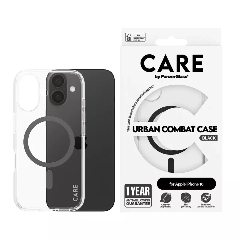 PanzerGlass CARE™ by ® Urban Combat vāciņš caurspīdīgs ar melnu MagSafe, paredzēts iPhone 16