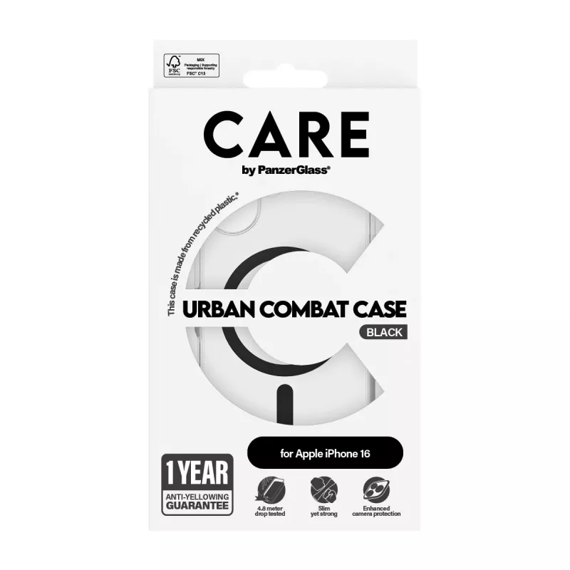 PanzerGlass CARE™ by ® Urban Combat vāciņš caurspīdīgs ar melnu MagSafe, paredzēts iPhone 16