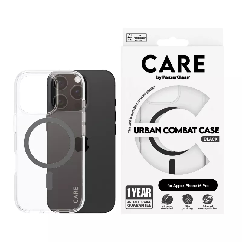 PanzerGlass CARE™ by ® Urban Combat Case Caurspīdīgs ar Melnu MagSafe iPhone 16 Pro