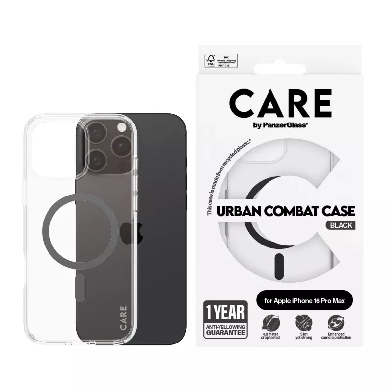 PanzerGlass CARE™ by ® Urban Combat maciņš caurspīdīgs ar melnu MagSafe iPhone 16 Pro Max